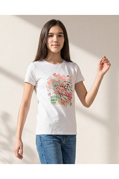 REDTAG تيشيرت أبيض مطبوع عليه رسومات للبنات في المرحلة الثانوية