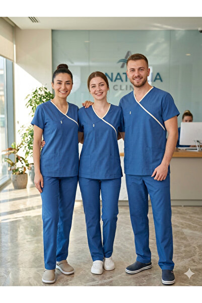 temex BEYAZ BİYELİ MAVİ ÜNİFORMA HEMŞİRE DOKTOR UNİSEX FORMA TEK ÜST LİKRASIZ...