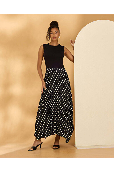 REDTAG Women Black Printed Knitted Yoke Pleated Midi Dress