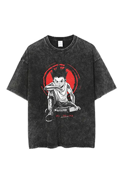 PENTHİLUS Acid Washed Oversized T-Shirt - Washed Anime Printed Oversized T-Shirt