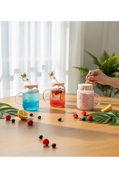 lstri Cute Panda Glass Cup Lemonade Soft Drink Cup Picnic