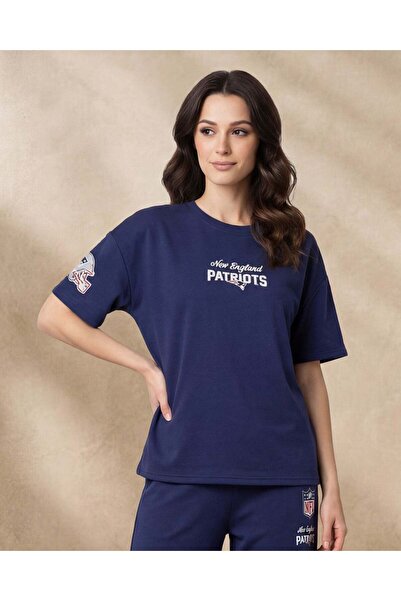 REDTAG Women Navy Placement Print Drop Shoulder Oversized T-Shirt