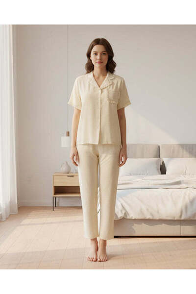 REDTAG Women Pale Yellow Embroidered Short Sleeve Pyjama Set