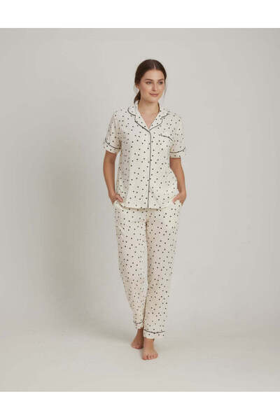 REDTAG Women White Polka Dot Short Sleeve Collared Pyjama Set
