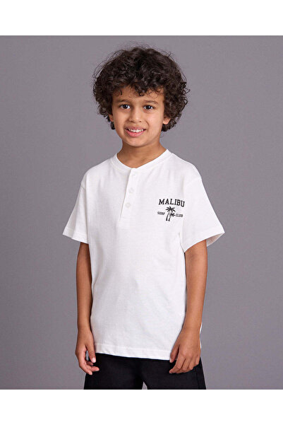 REDTAG Boys White Short Sleeve Henley T-Shirt