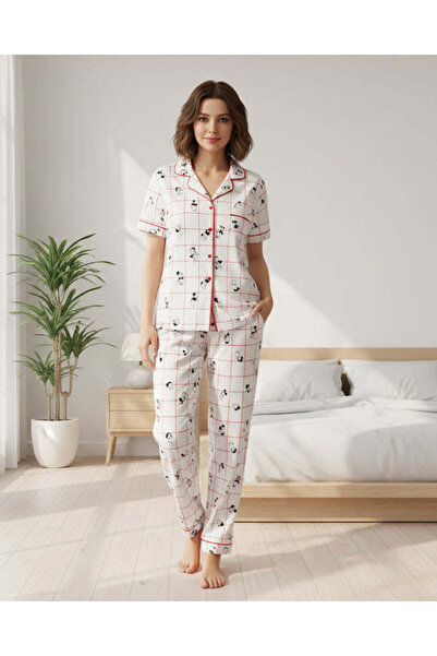 REDTAG طقم بيجاما نسائي بأكمام قصيرة مطبوع رسومات الفول السوداني مع قناع نوم