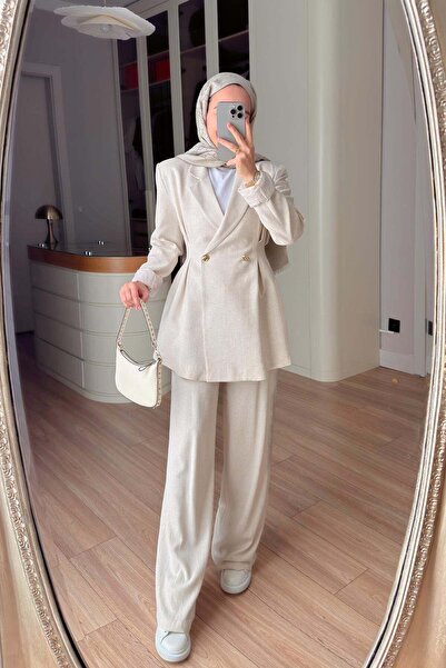 Ka Hijab Double-Breasted Cut Jacket & Pants Set - Beige