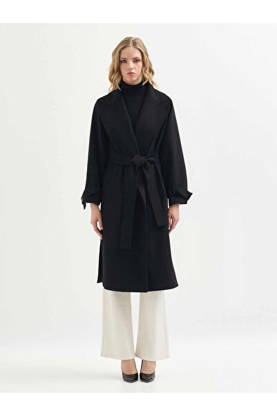 Karaca Siyah Yün Karışımlı Belden Kuşaklı Kaban