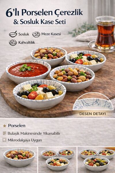 THAP 6 Adet Porselen Çerezlik Kase Seti Sosluk Meze Kahvaltılık Sunum Kasesi