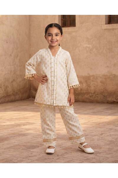 REDTAG Girls White Printed 3 Piece Set With Trousers