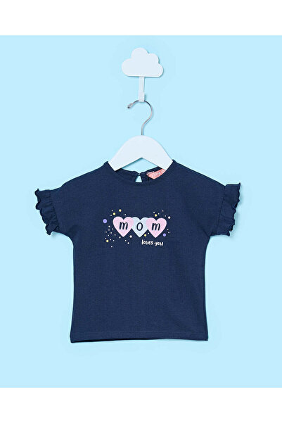 REDTAG Infant Girls Blue Printed T-Shirt With Glitter Detail