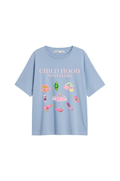 CİNEMA MODA Nostalgia copilăreii cu imprimeu Tricou pentru femei, albastru be...