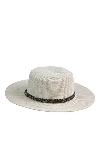 Bay Şapkacı قبعة شاطئ نسائية عصرية مزينة بشريط لامع 3855