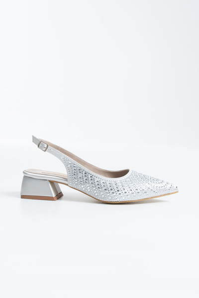 Gökçe Shoes Velmora Gümüş Taş Desen Detay Arkası Açık Kadın Topuklu Babet