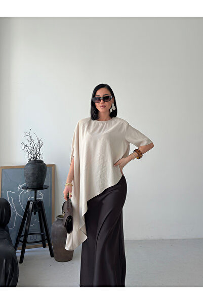 LE CARAMBOLE Women's Beige Asymmetrical Cut Oversized Blouse