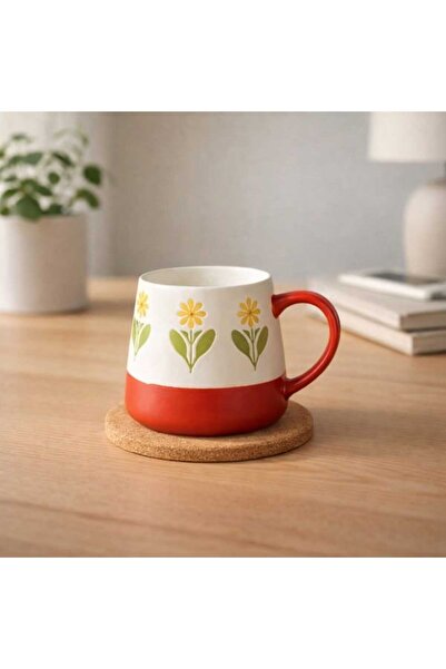 Evidea Kitchen Sarı Çiçekli Seramik Kupa - Beyaz - 500 ml