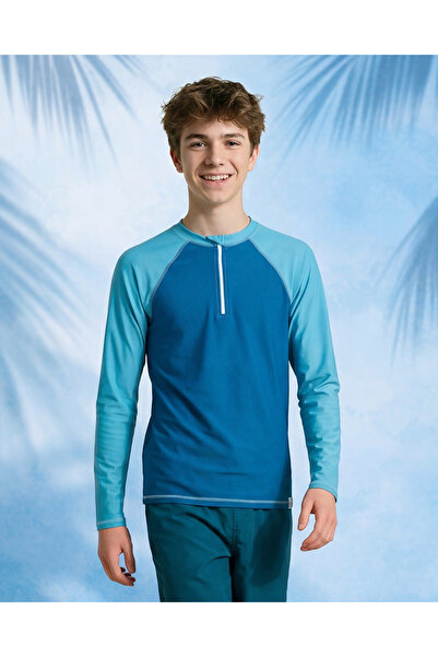 REDTAG Senior Boys Navy Plain Zipper Raglan Swimwear T-Shirt