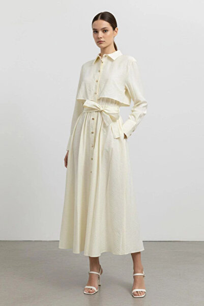 Loreen Shirt Detail Belted Dress-Cream Cream