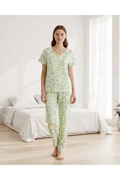 REDTAG Women Green Yellow Allover Print Long Sleeve Pyjama Set