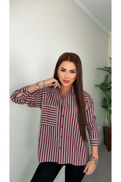 DİDEM GÜLTAKTI Giana Women's Burgundy Striped Oversized Shirt