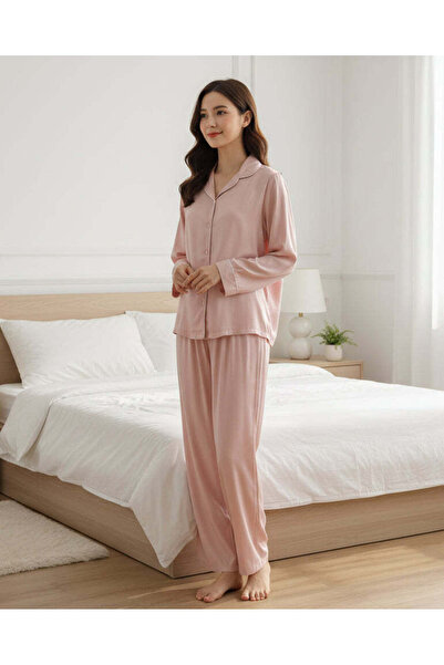 REDTAG طقم بيجاما نسائي بلون وردي فاتح سادة بأكمام طويلة وياقة