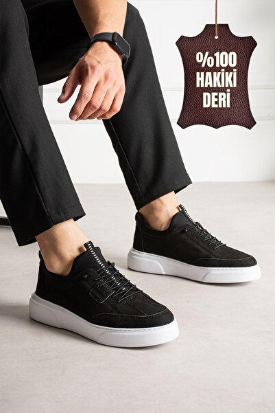 Victoris Orion Genuine Leather Men's Lace-Up Thick Sole Casual Black Sneakers