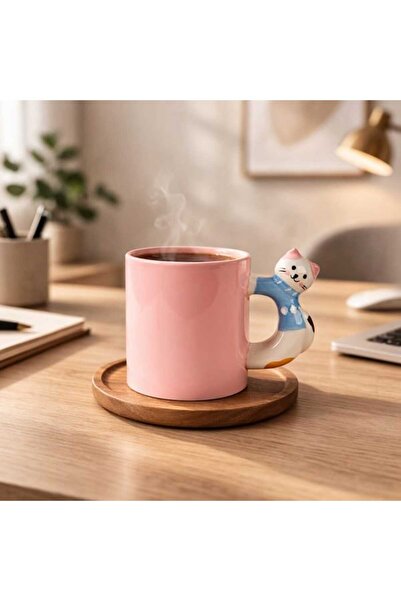 Evidea Kitchen Kitty Desenli Seramik Kupa - Pembe - 450 ml