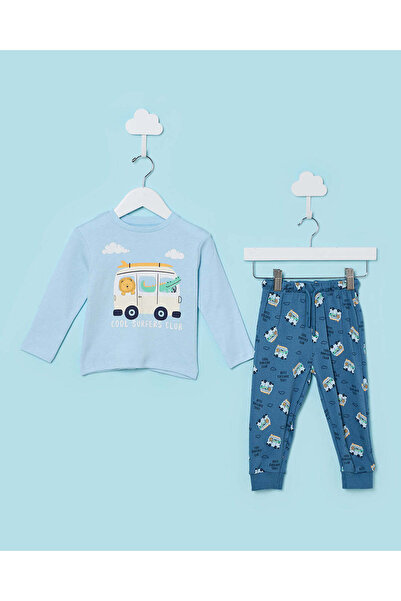 REDTAG طقم بيجاما للأولاد الرضع، لون أزرق، مكون من قطعتين، بنقشة حافلة