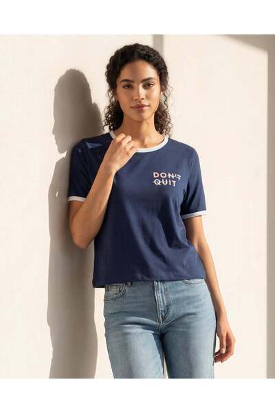 REDTAG Women Navy Rib Active T-Shirt and Bottom Set