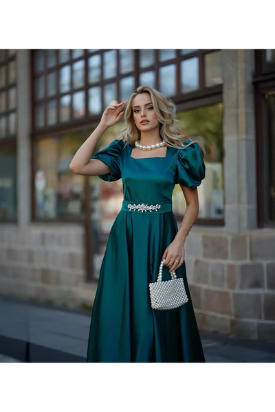 bysoca Γυναικείο Σμαραγδένιο Πράσινο Φόρεμα με Τετράγωνο Γιακά, Κεντημένο με ...