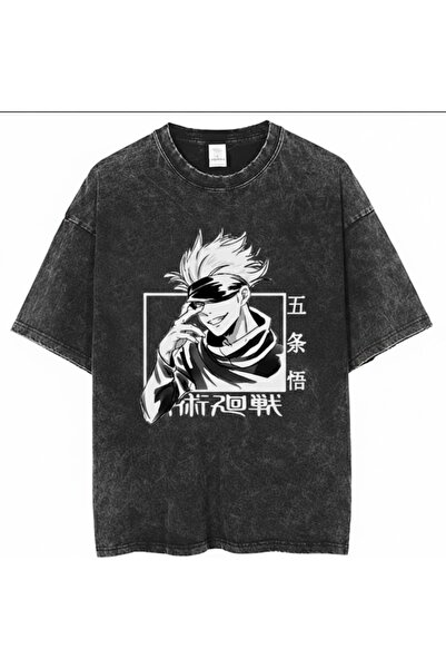 PENTHİLUS Acid Washed Oversized T-Shirt - Washed Anime Printed Oversized T-Shirt