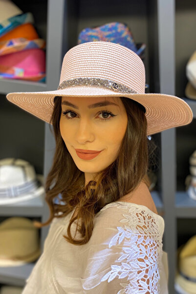 Bay Şapkacı قبعة شاطئ نسائية عصرية مزينة بشريط لامع 3855