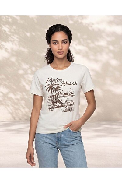 REDTAG Women Beige Placement Print Rib T Shirt
