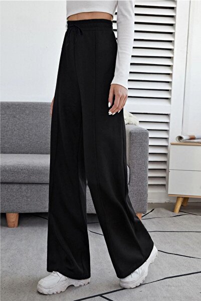Orjinshop Women's Black Two Thread Striped Wide Leg Sweatpants