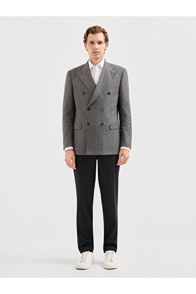 Karaca Gri Kaşmir Yün Karışımlı Desenli Kruvaze Ceket