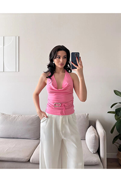 Zoom Butik Degaje Yaka Aksesuar Crop - PEMBE