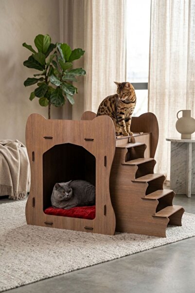 StarLightning Ahşap Büyük Kedi Yatağı Premium Kalite Ceviz Renk Kedi Evi 50x3...