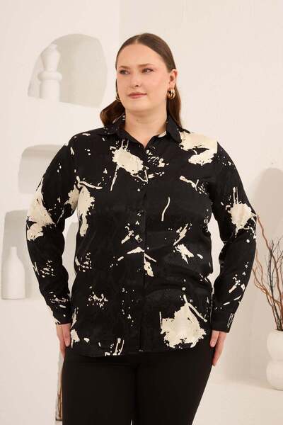 RMG Abstract Patterned Women's Plus Size Long Sleeve Shirt Black