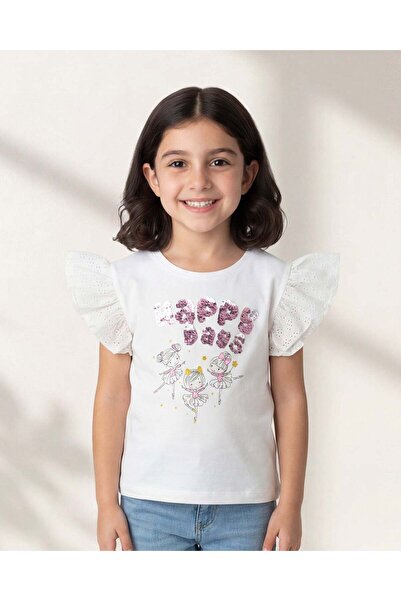 REDTAG Girls White Sequins Print T Shirt