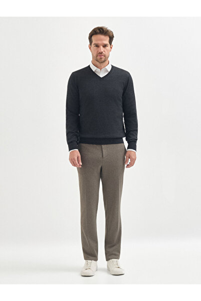 Karaca Antrasit Yün Karışımlı V Yaka Triko Kazak
