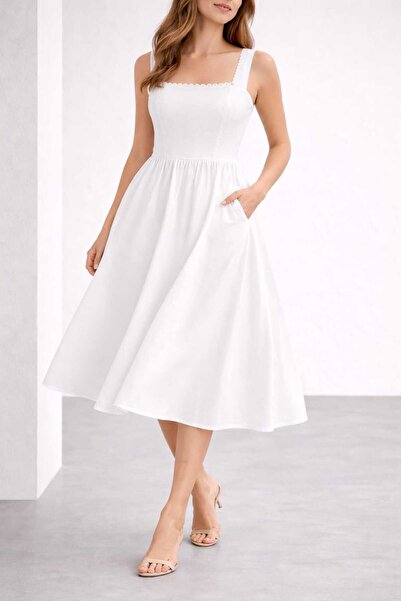 Benedetto Νέα σεζόν Γυναικείο φόρεμα μίντι με τετράγωνο λαιμό, ελαστική μέση,...