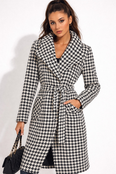 Nobrand Palton Damă Houndstooth Alb-Negru cu Cordon – Elegant, Stil Clasic Mo...