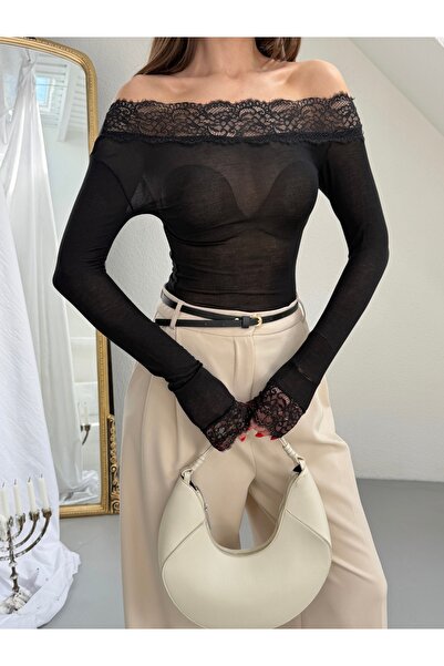 NEW JOURNAL Women's Black Madonna Collar Lace Detailed Blouse Frv12