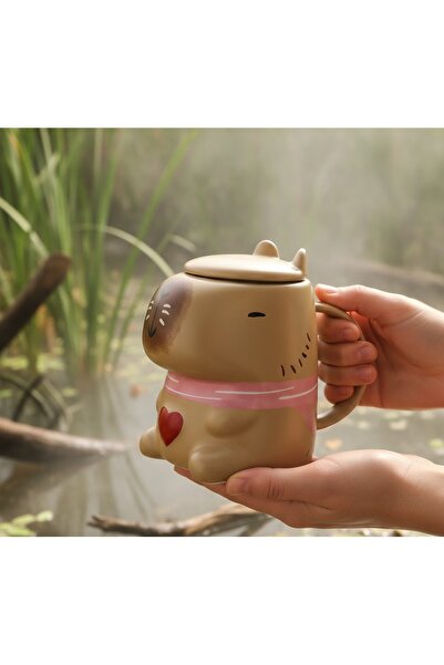 Kuzey Tacı Capy-Love 3D Formed Capybara Ceramic Mug with Lid, Heart Detail an...