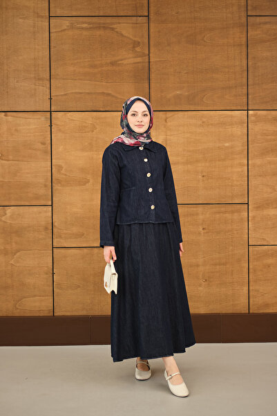 LOCCO Women's Shirt Collar Silver Button Detail Skirt Suit Navy Blue