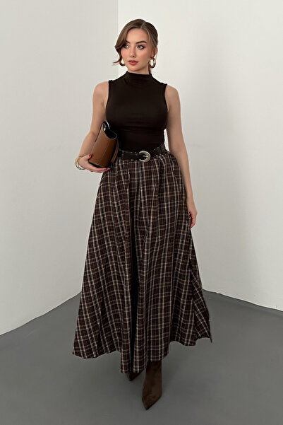 Elbee Fashion Woman تنورة بنية شق قماش منقش