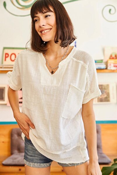 NEW JOURNAL Women's Ecru Hakim Collar Mesh Detailed Short Sleeve Linen Blouse...