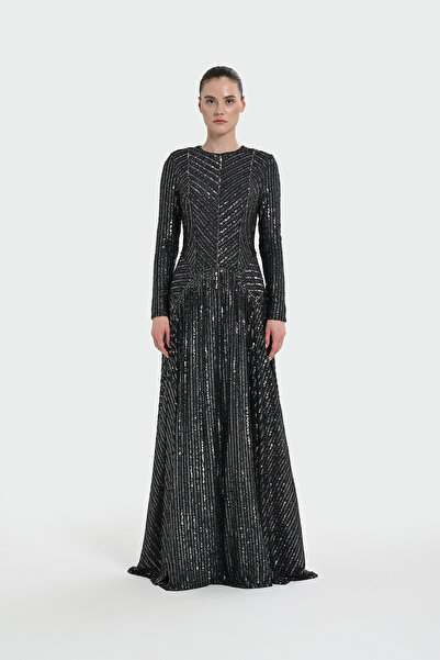 MERCI MS FANCY Uzun Kollu Payet Detaylı Abiye Elbise