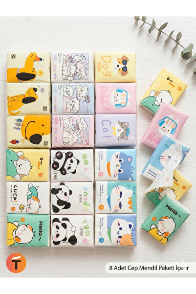 homvira 🐾✨Mini Cep Sevimli Hayvan Figürlü Mendil (1 mini paket, 8 yapraklı )😍
