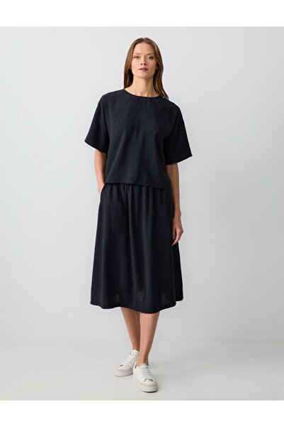 Jimmy Key Black High Waist Relaxed Fit Woven Midi Skirt